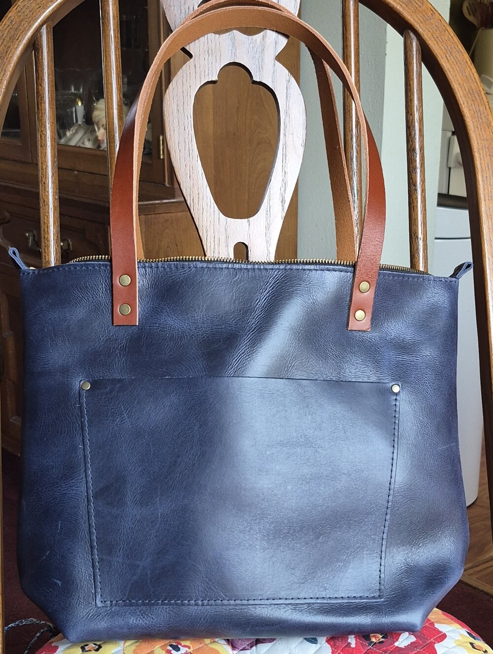 PLG Cowboy Blue Tote Bag with Tan Handles and Zipper